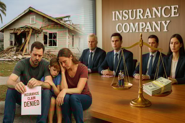 insurance company board room with justice scale full of money while a family suffers in front of a damaged home