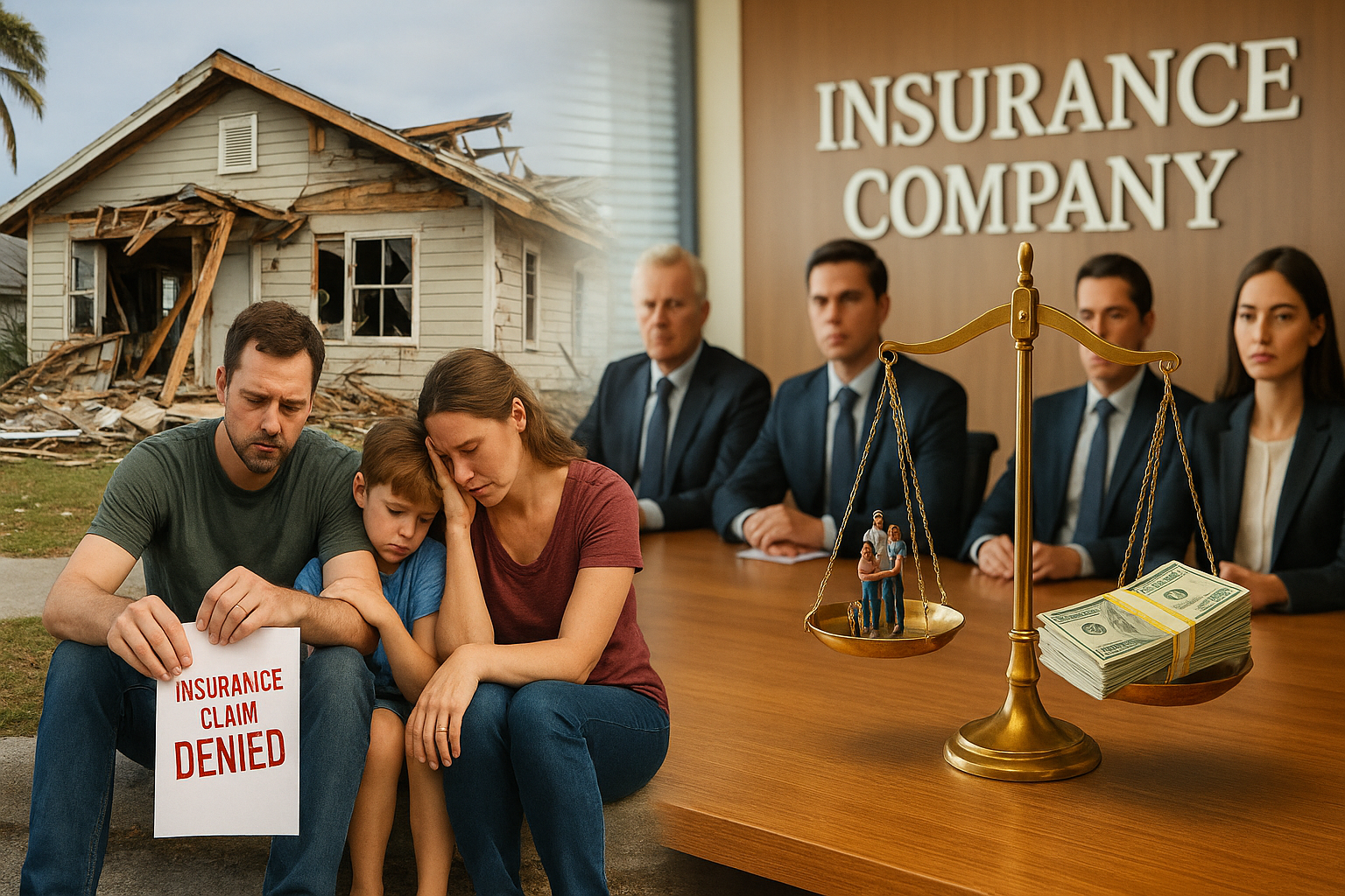 insurance company board room with justice scale full of money while a family suffers in front of a damaged home
