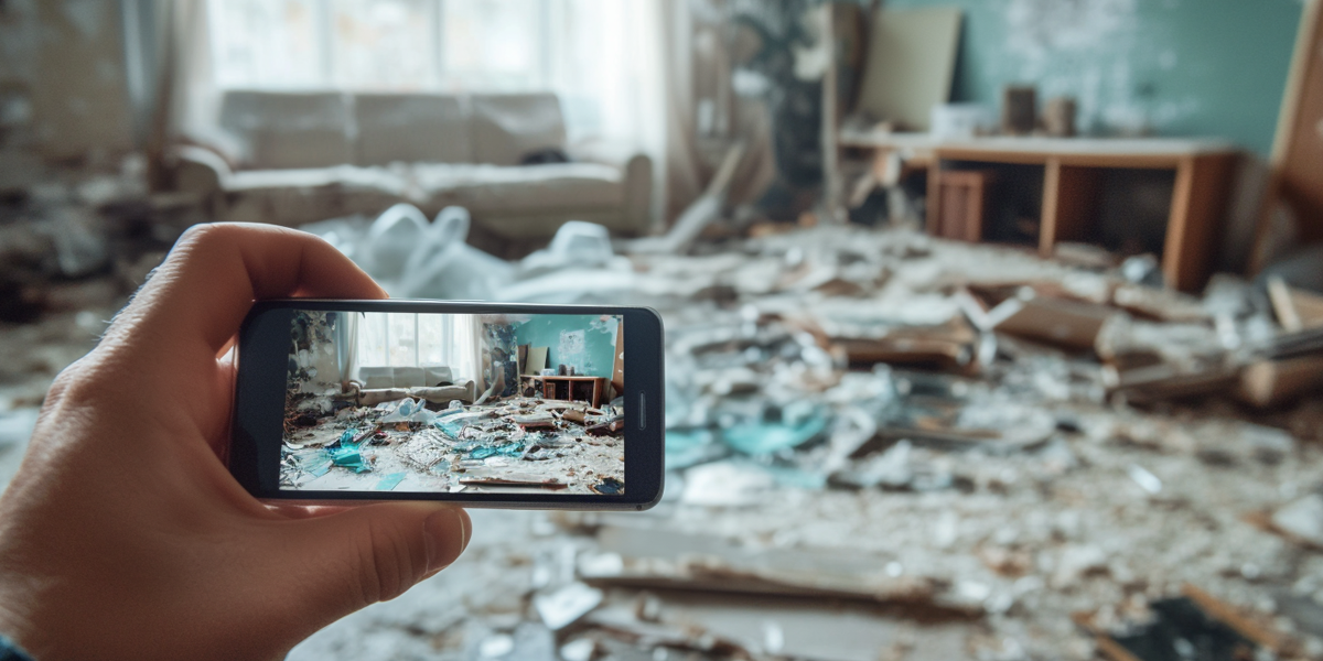 A person is taking a picture with their smartphone of a damaged area in their house.